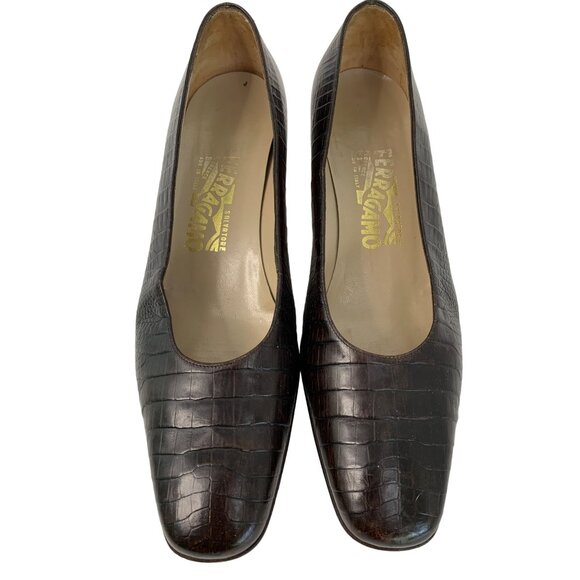 VTG 8.5B Ferragamo Croc Embossed Brown Leather Pumps 7891 Chunky Heel Career - Picture 3 of 12